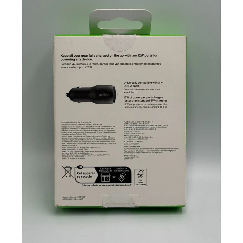 New Belkin BoostCharge 24W Dual USB-A Car Charger Adapter for iPhone Samsung